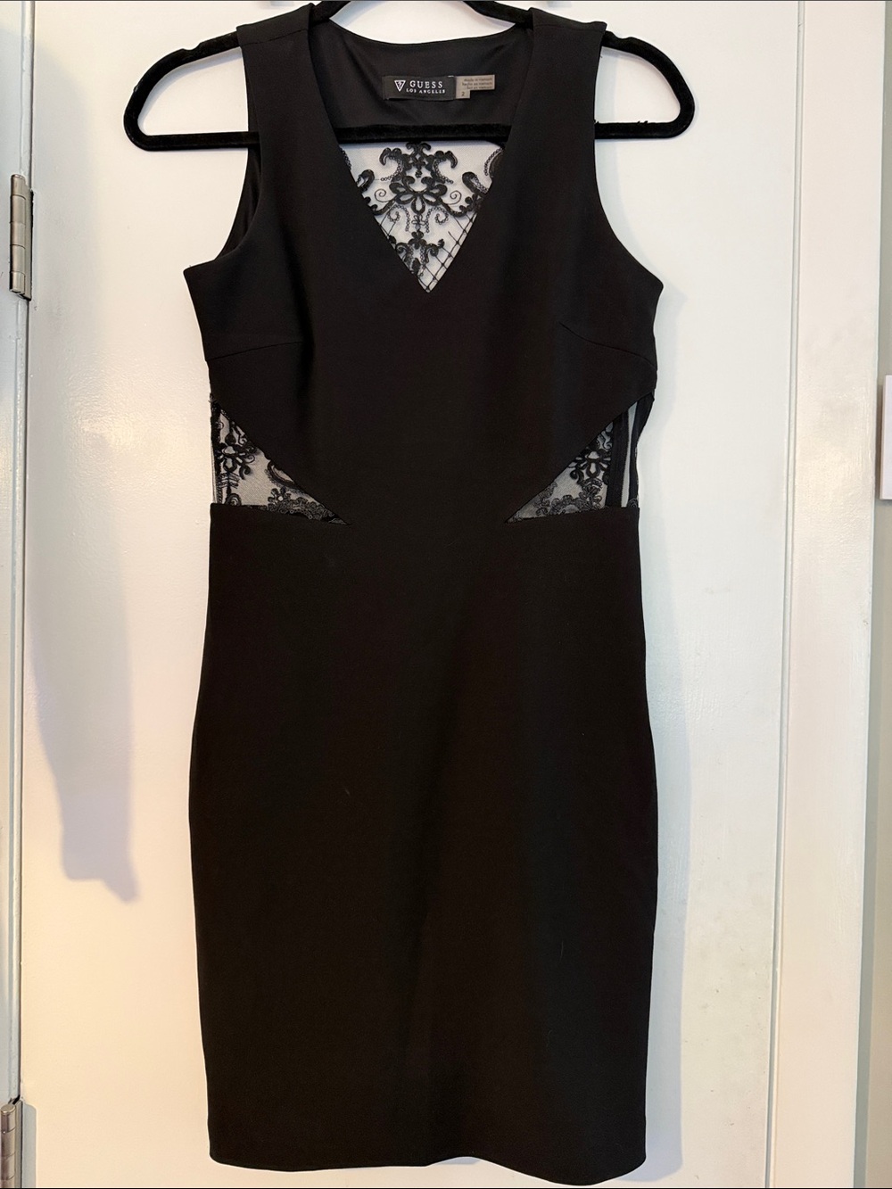 Guess Black Lace-Panel V-Neck Midi Dress